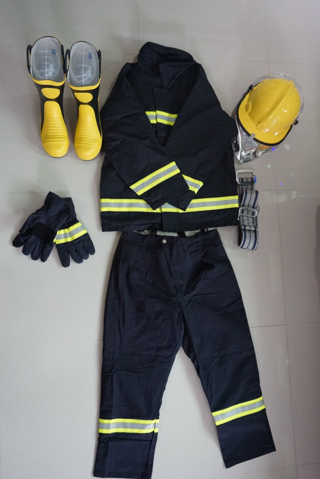 Complete certified firefighter bunker suit turnout gear with jacket, trousers, helmet, boots, and gloves