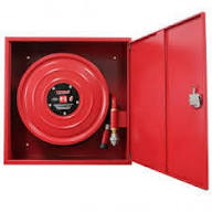 Recessed red powder-coated steel fire hose reel wall cabinet with swing latch