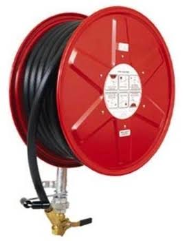 Commercial heavy-duty swing-arm fire hose reel drum with reinforced hose and brass jet spray nozzle