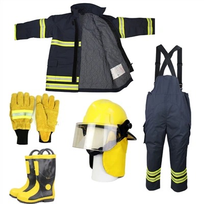 Firefighter protective gear ensemble including jacket, trousers, safety helmet with shield, gloves, and boots