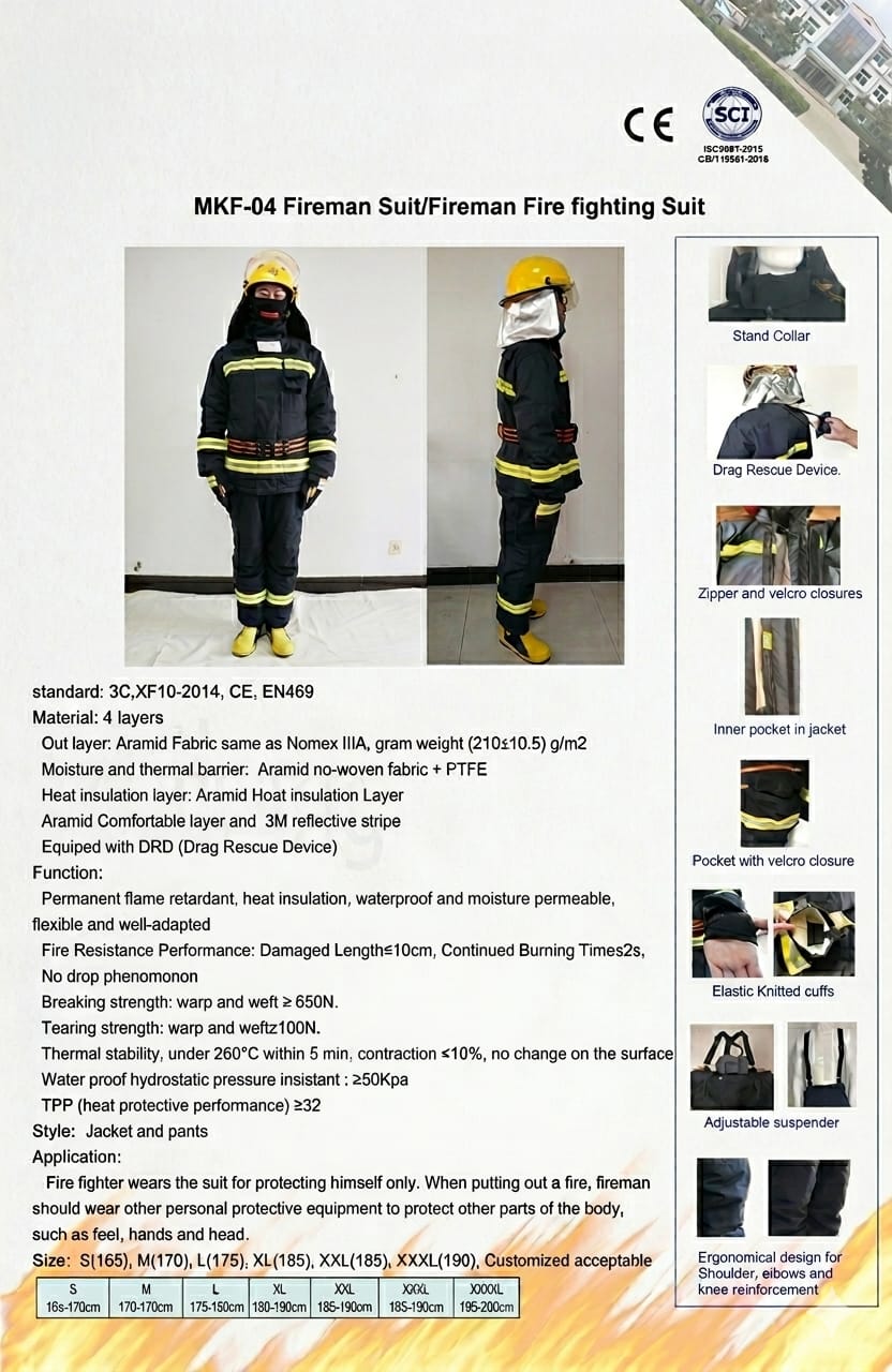MKF-04 Fireman Suit certified technical specification datasheet CE and EN469 standard compliance