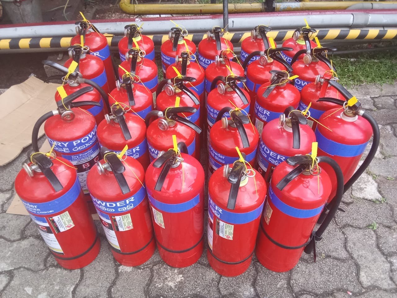 Dozens of certified fire extinguishers lined up after comprehensive maintenance